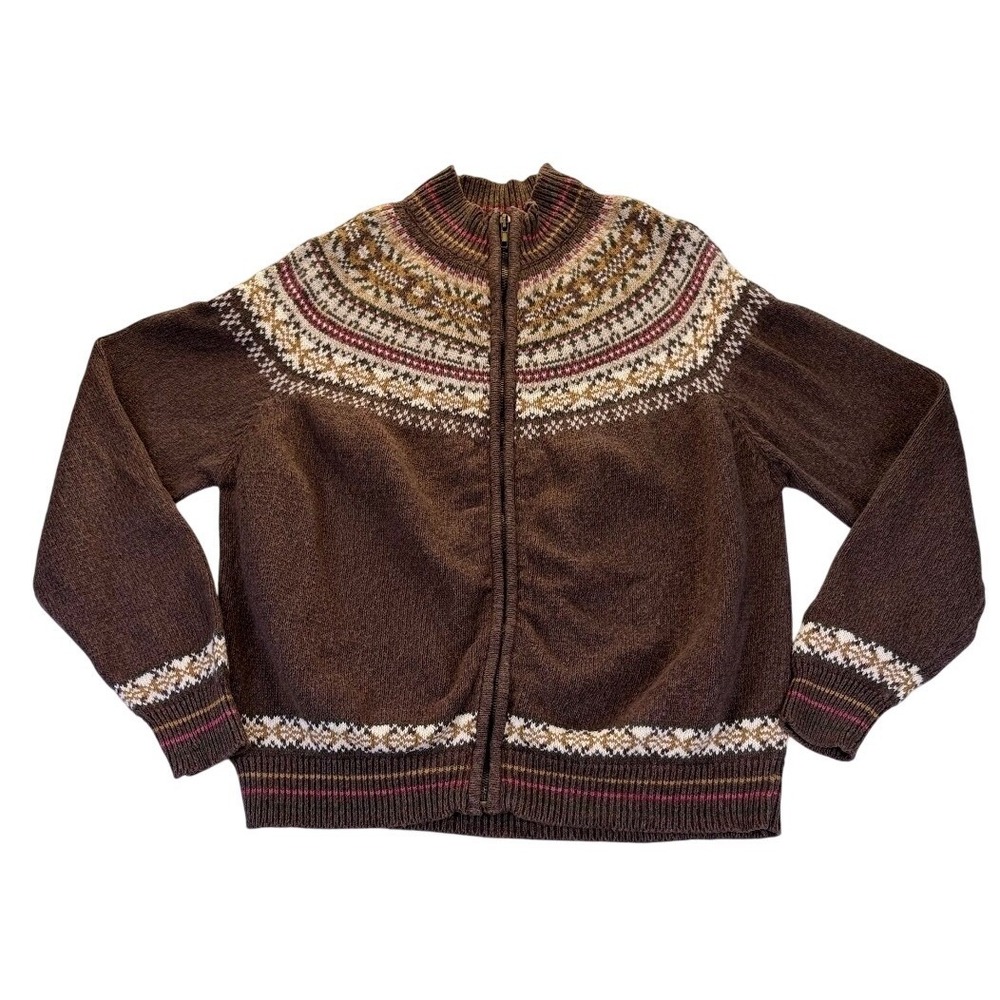 Shaver Lake Vintage Fair Isle Nordic Yoke Zip Up Cardigan Sweater Brown XL Y2K